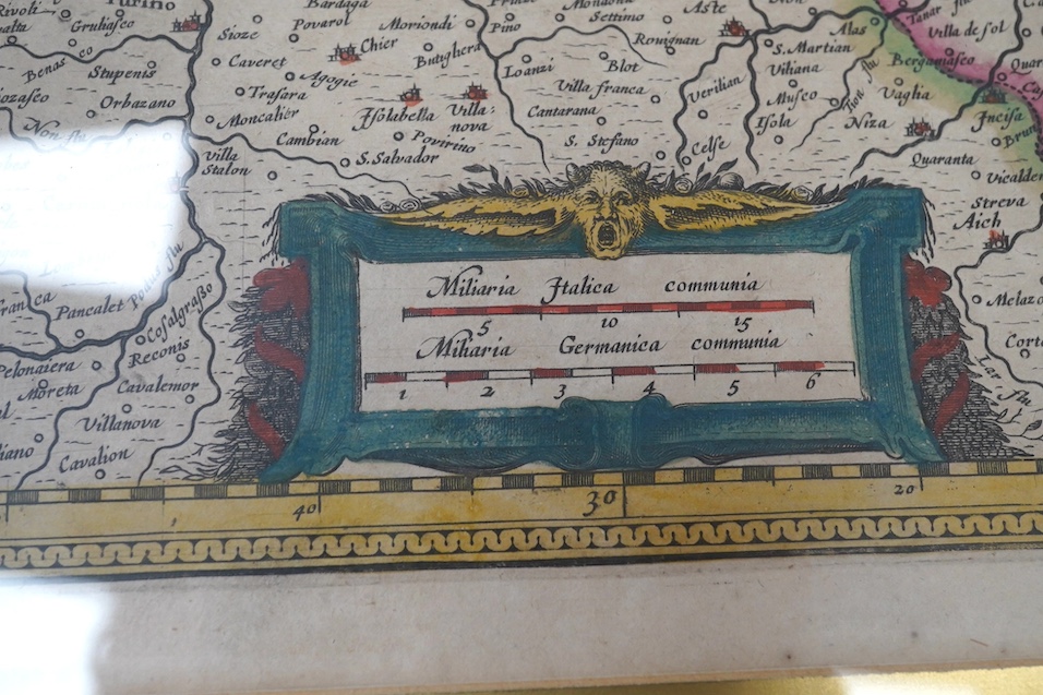 Enrico Hondius, hand coloured map of Milan, Mediolanum Ducatus, details verso, 40 x 53cm